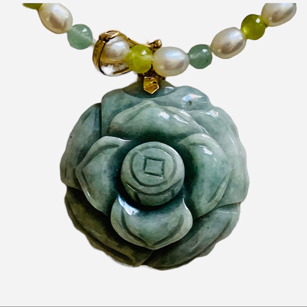 Estate Jade and Pearl Multi Strand Necklace 14 K Clasps